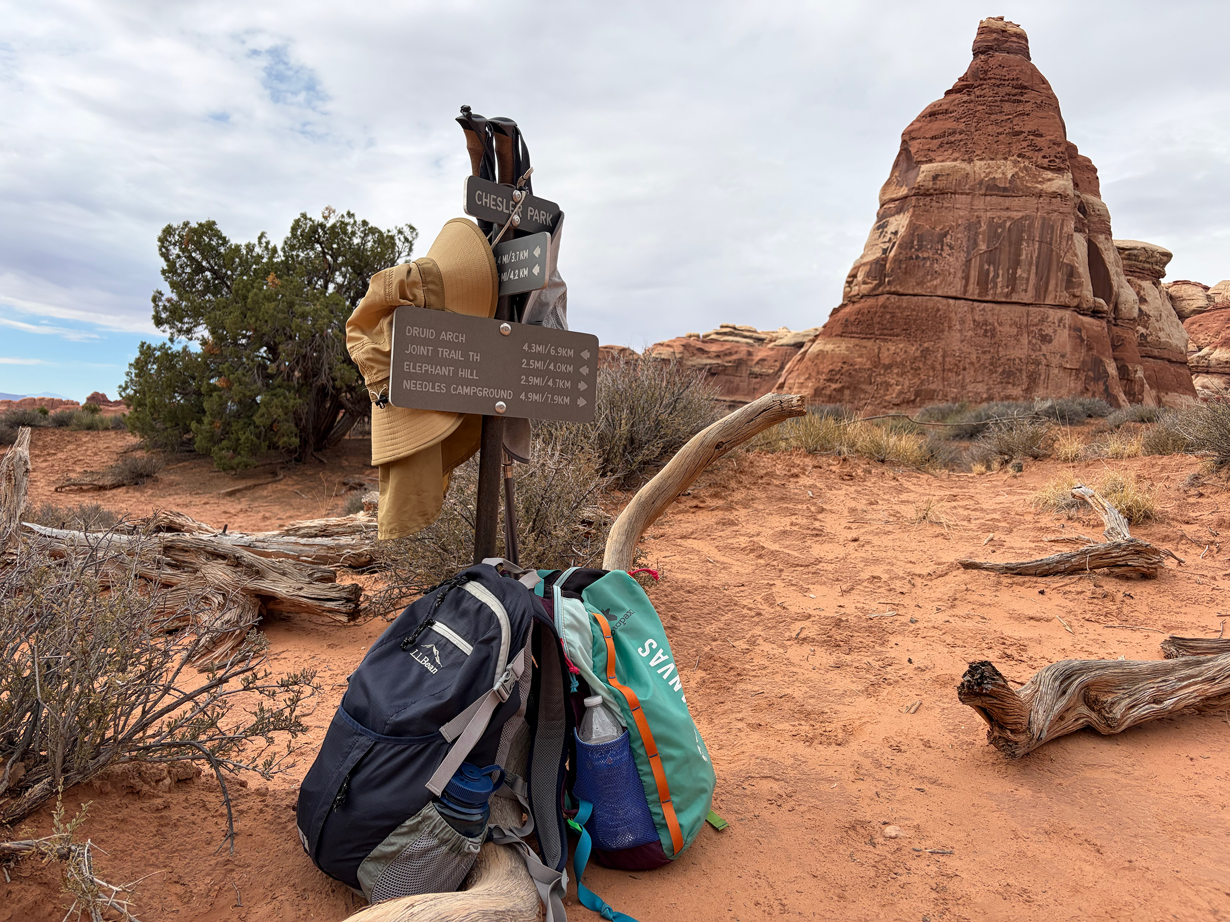 Two backpacks at the Chesler Park trail sign, Needles District, Canyonlands